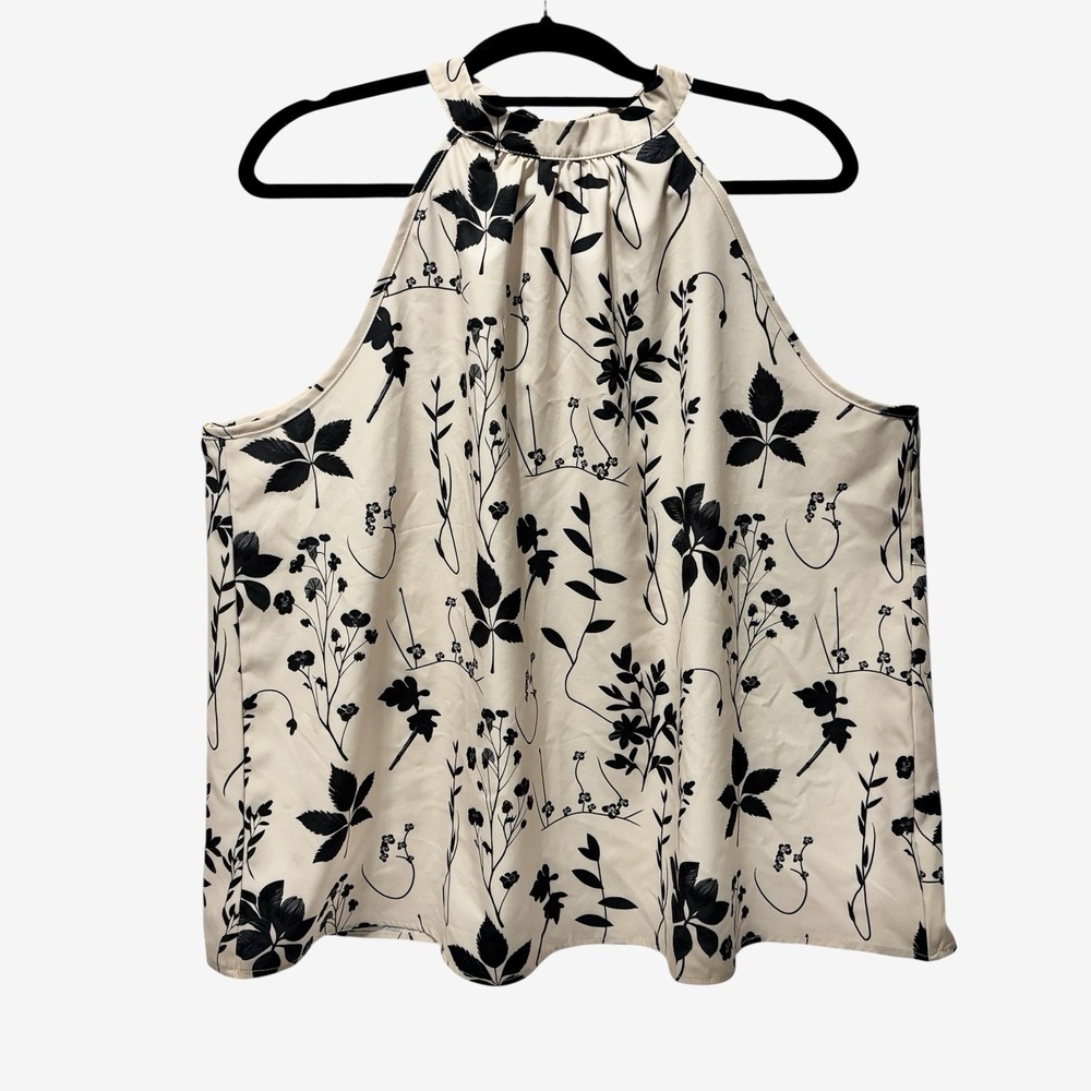 SHEIN Women's Floral Halter Neck Blouse Sleeveless Beige Black Top 2XL